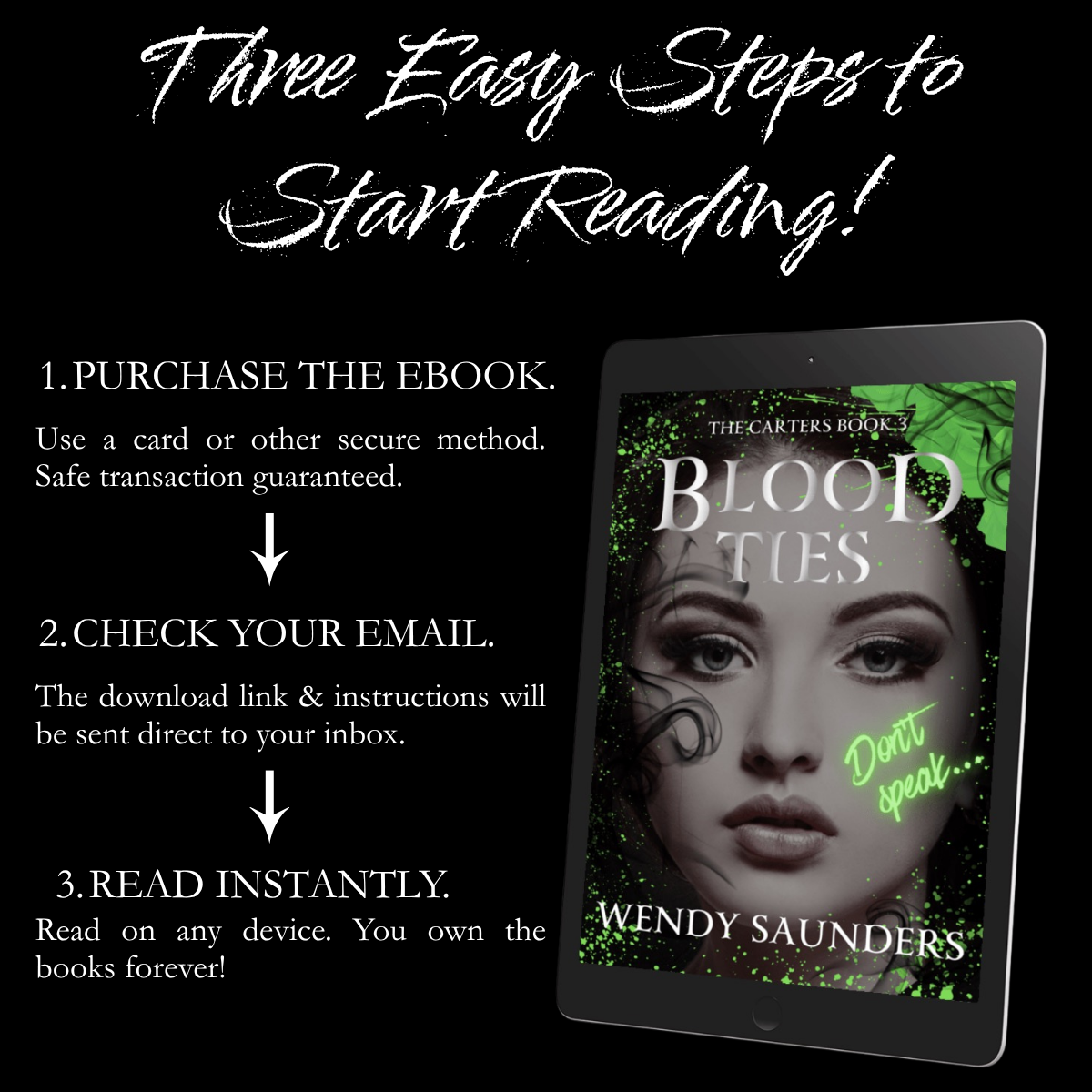 Promotional graphic for 'Blood Ties' by Wendy Saunders, featuring an eBook on a tablet with text on how to start reading.
