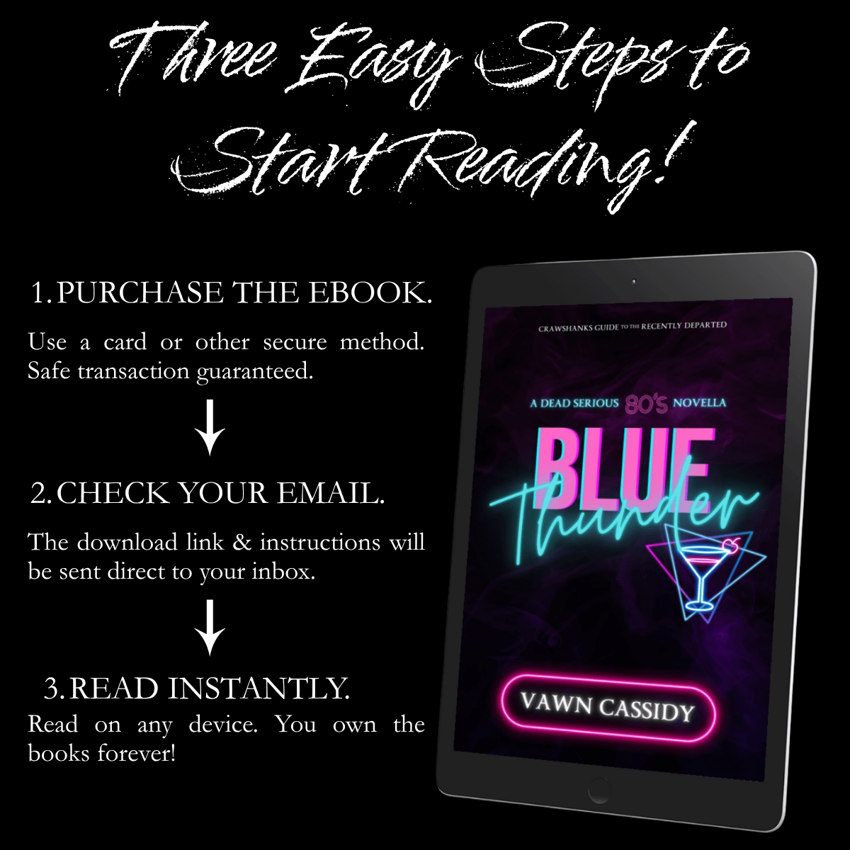 Promotional graphic for an ebook titled 'Blue Thunder' by Dawn Cassidy, showing a tablet on a black background with text explaining three easy steps to start reading: purchase the ebook, check email for the download link, and read instantly.