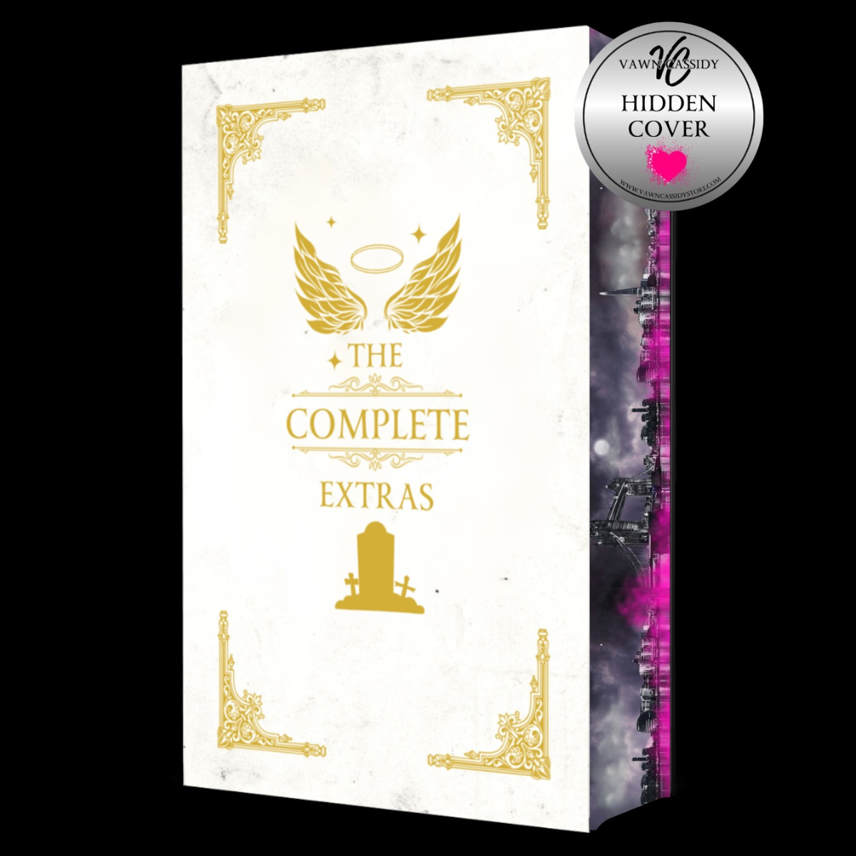 A boxed product package labeled 'The Complete Extras' with gold winged emblem and corner flourishes on a white front, shown at an angle against a black background. A round badge in the top right reads 'Hidden Cover' with a pink heart.
