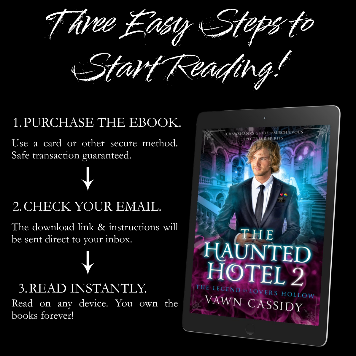 Promotional graphic for an ebook listing with the headline 'Three Easy Steps to Start Reading!' on a black background. The left side lists three steps: purchase the ebook, check email for the download link, and read instantly.
