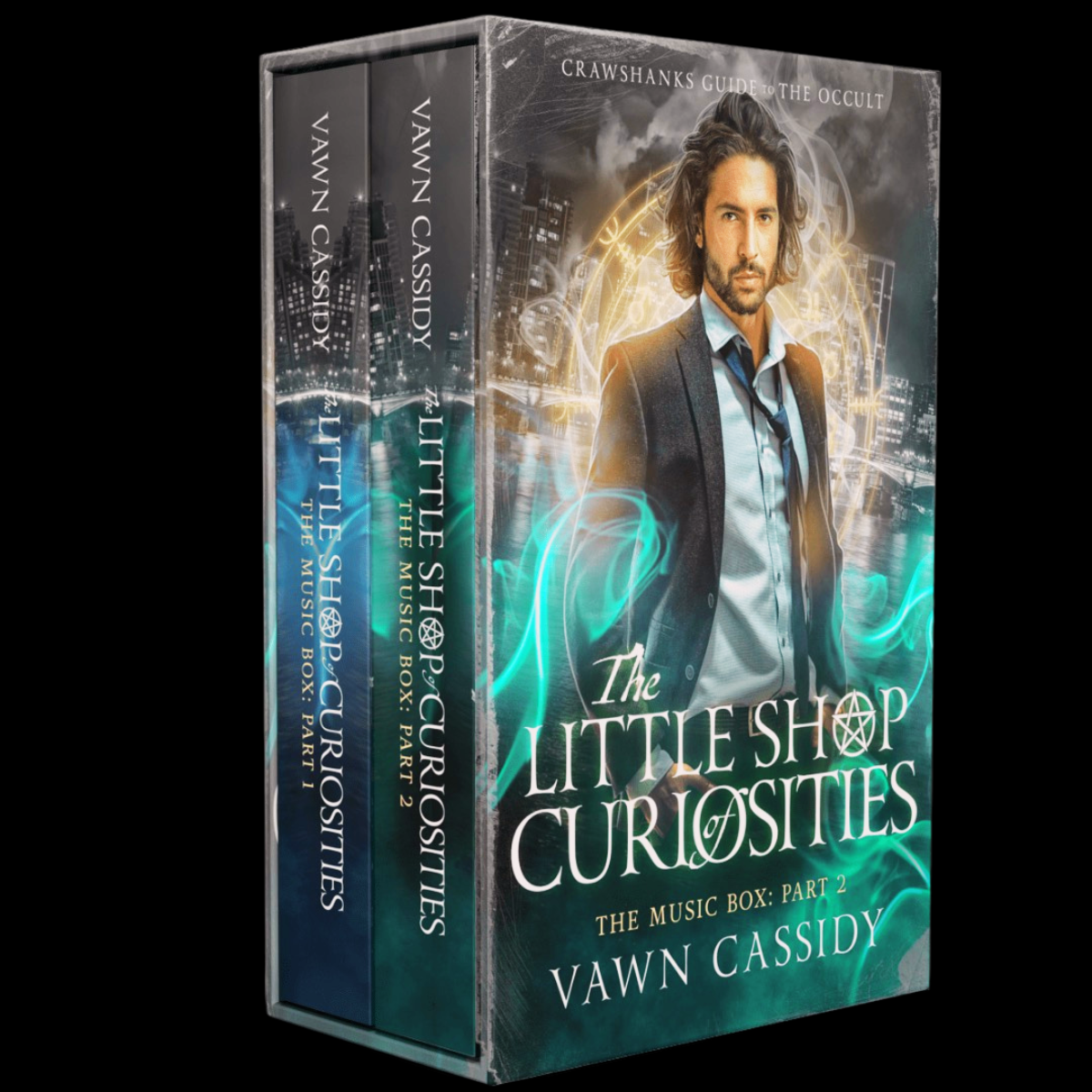 A boxed music box/book package titled "The Little Shop Curiosities: The Music Box, Part 1" by Vawn Cassidy, shown at a slight angle on a black background.