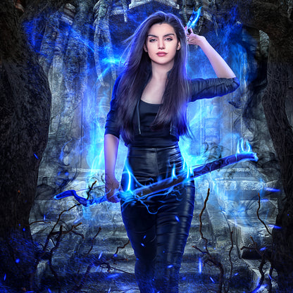 A woman stands in a dark, stone-like environment surrounded by glowing blue energy effects, holding a glowing blue staff or wand. She wears a black long-sleeve top and black fitted pants.