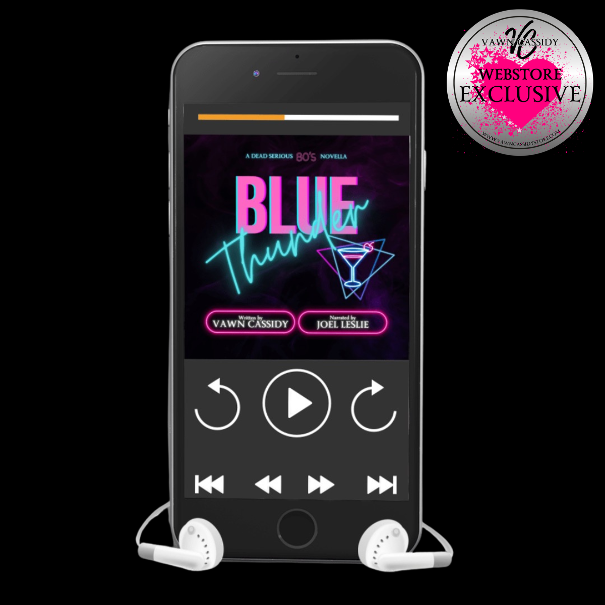 A smartphone centered on a black background, displaying a music player interface with the title 'BLUE Thursday' and album art. White wired earbuds are placed below the phone.