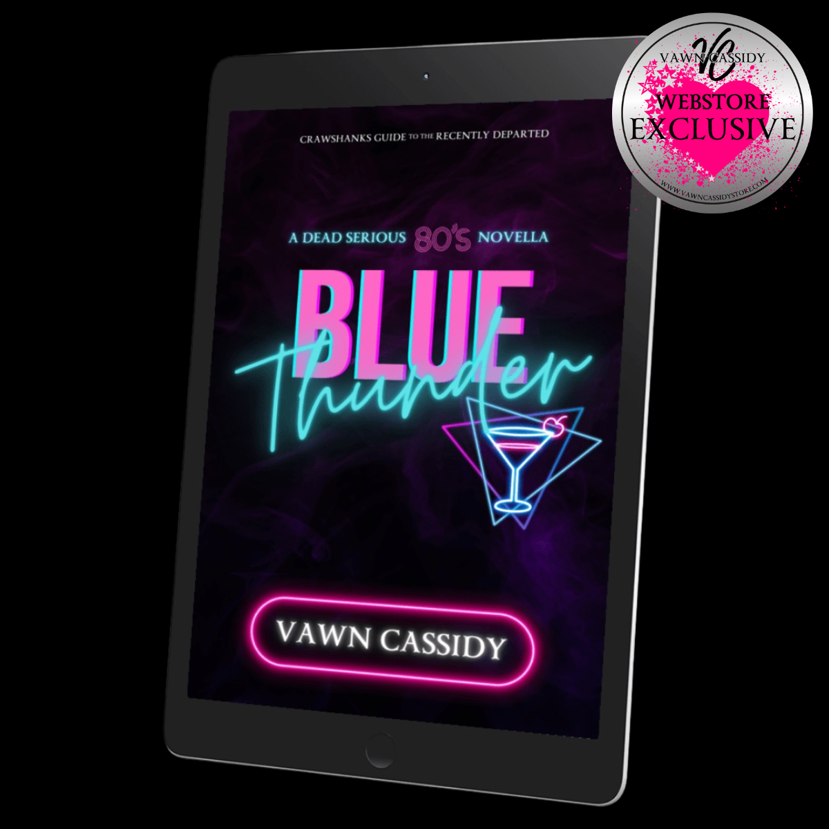A tablet displaying a book cover for 'Blue Thunder' by Dawn Cassidy, set against a black background with a circular badge reading 'Webstore Exclusive' in the top right corner.