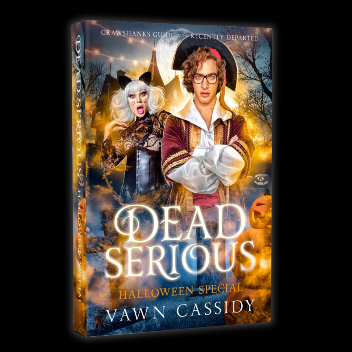 Book cover for 'Dead Serious: Halloween Special' by Dawn Cassidy, featuring two costumed characters against a spooky autumn background with a full moon and pumpkins.