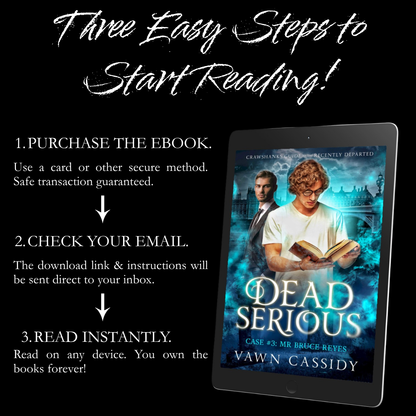 Promotional graphic for an ebook listing with the headline 'Three Easy Steps to Start Reading!' on a black background. On the left is white text outlining three steps: purchase the ebook, check email for the download link, and read instantly.
