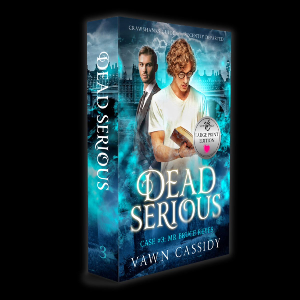 Book cover for 'Dead Serious' by Dawn Cassidy, featuring a dark blue and teal illustrated background with two men, one holding a book, and a 'Large Print Edition' badge on the front.