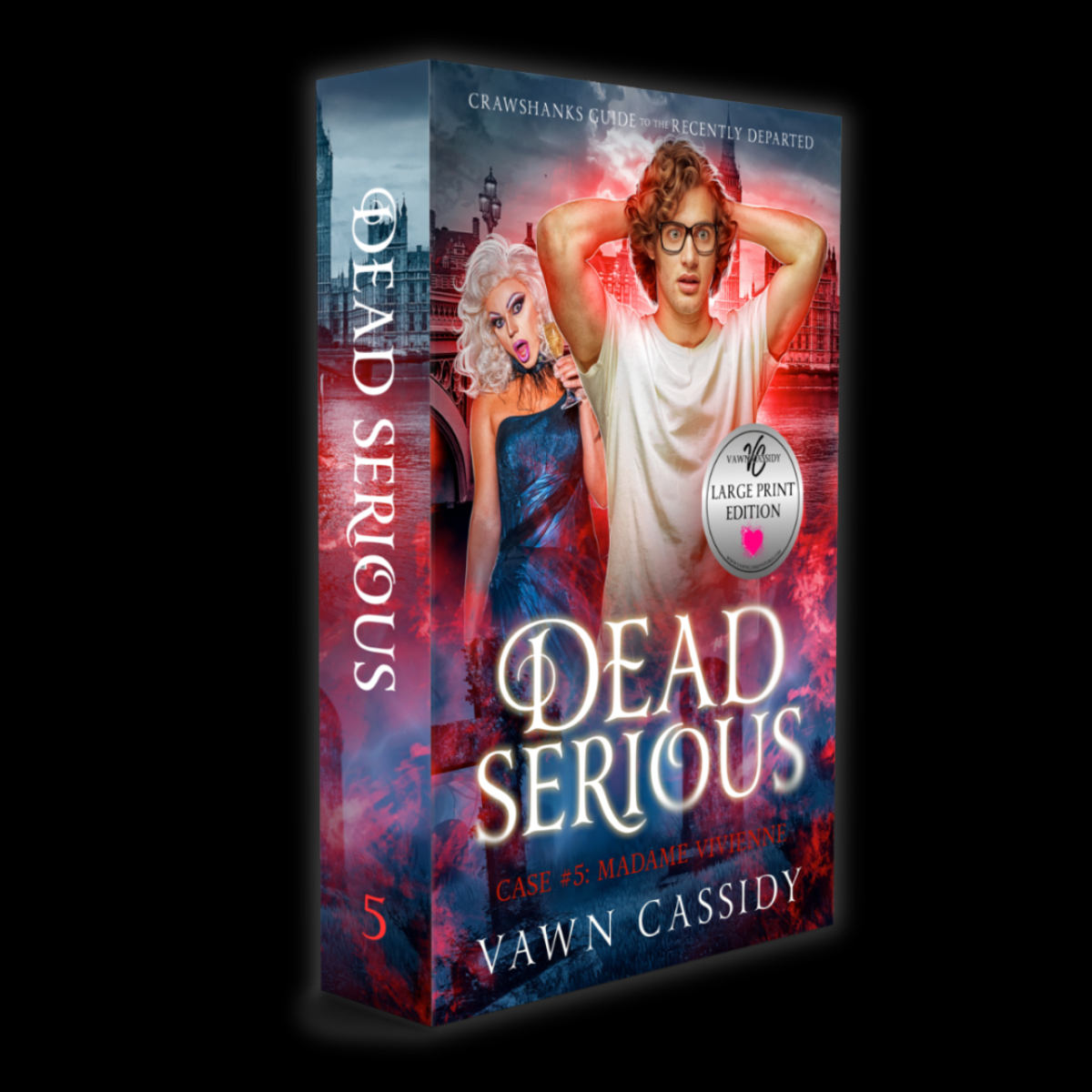 A boxed book cover for 'Dead Serious' by Dawn Cassidy, shown at a slight angle against a black background. The box features illustrated cover art with a man in a white shirt, a blonde woman in a blue dress, and dramatic red and blue lighting.