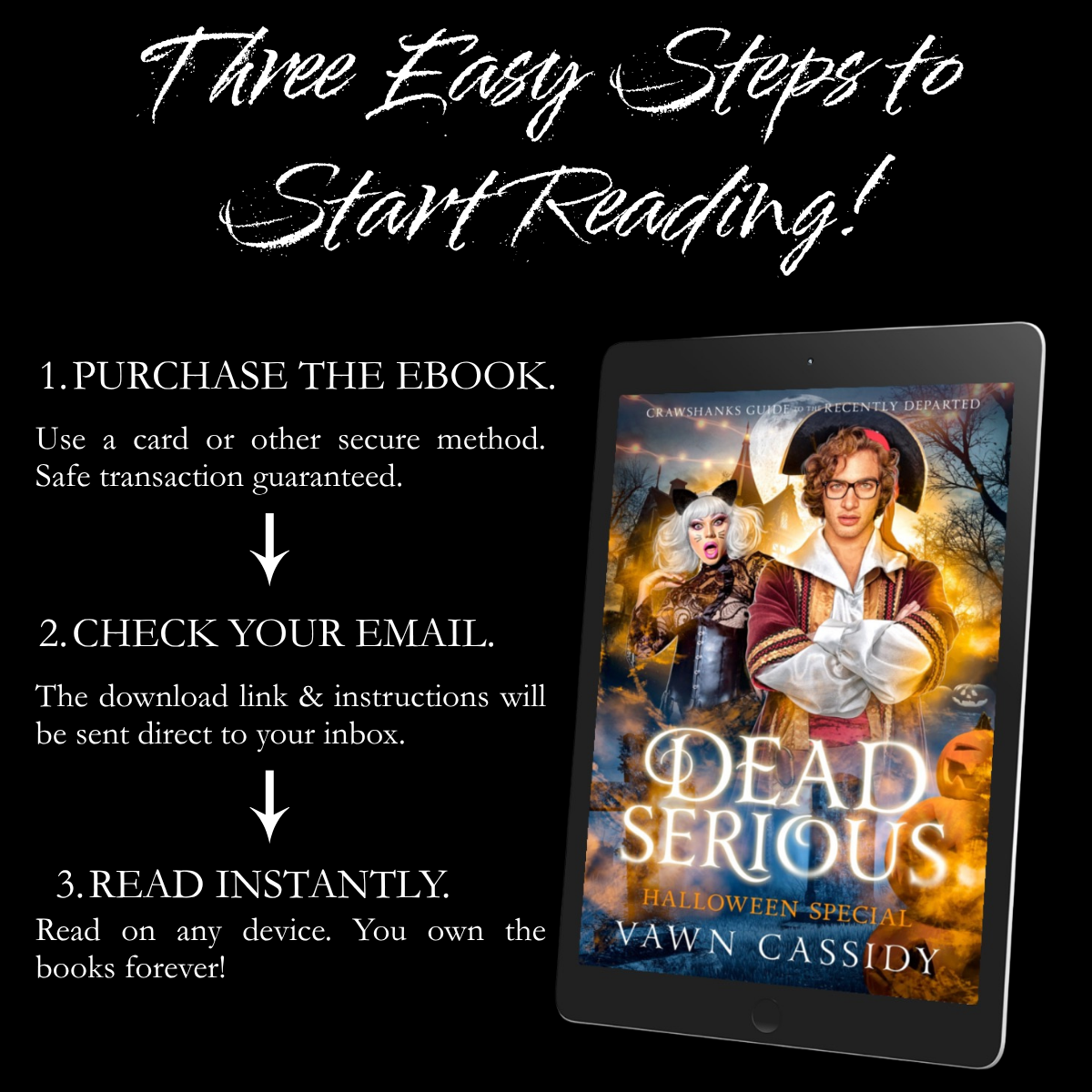 Promotional graphic for an ebook with the headline 'Three Easy Steps to Start Reading!' on a black background. The left side lists three steps in white text: purchase the ebook, check email for the download link, and read instantly.