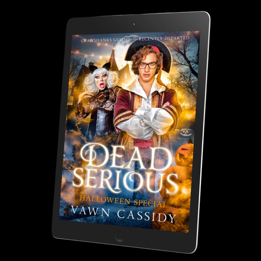 A tablet device displaying a Halloween-themed book cover titled "Dead Serious: Halloween Special" by Dawn Cassidy, shown against a black background.