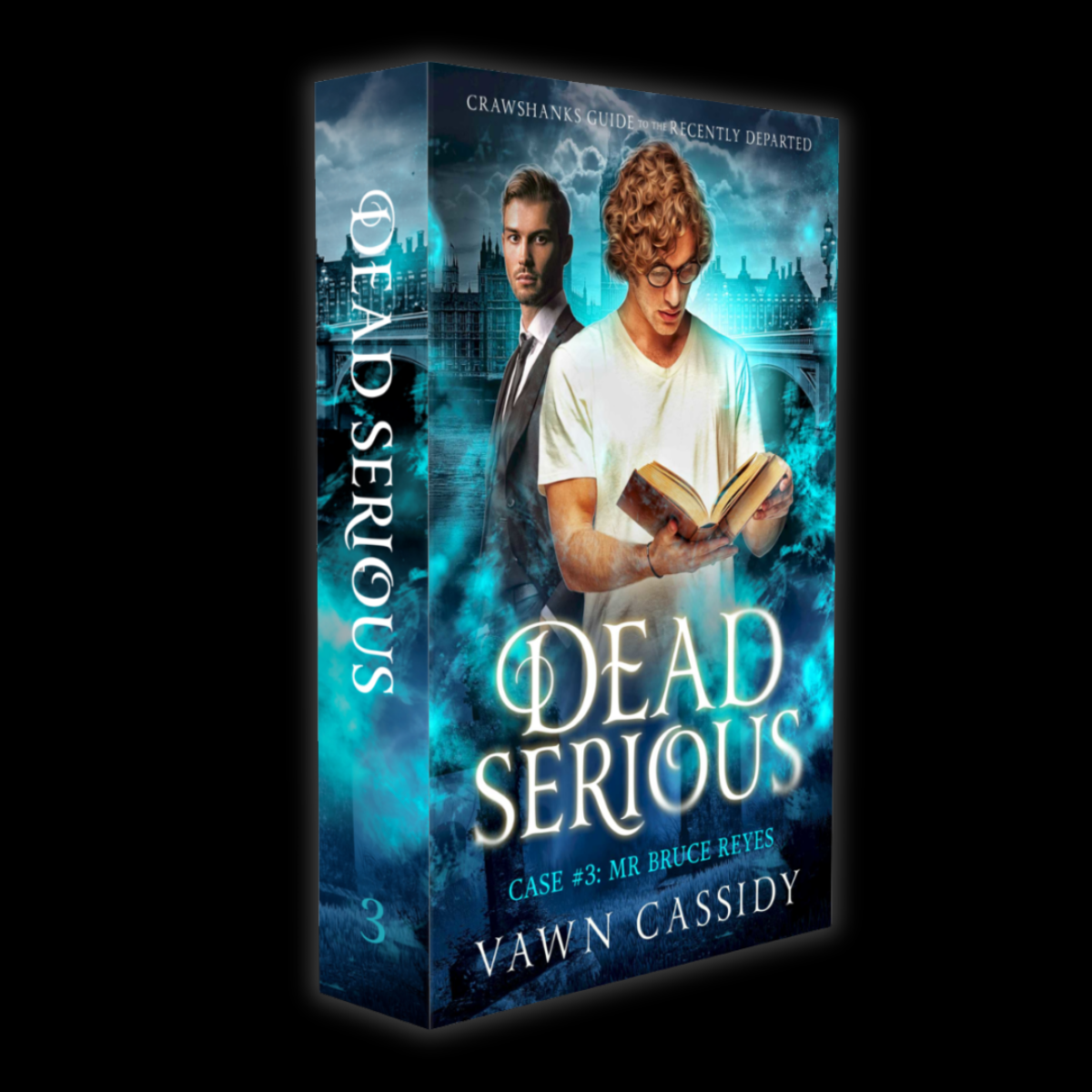 A boxed book cover for the novel 'Dead Serious' by Dawn Cassidy, shown at a three-quarter angle against a black background. The cover features a blue-toned Victorian-era London scene with two men, one holding an open book, and the title in large white letters.