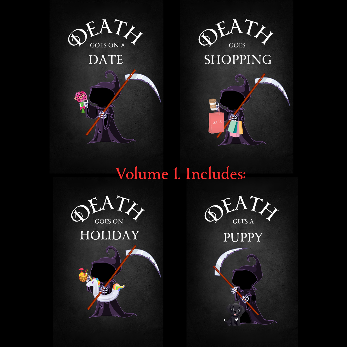Four illustrated book covers arranged in a 2x2 grid on a black background, each with the text 'DEATH GOES.