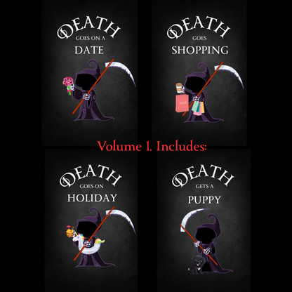 Four illustrated book covers arranged in a 2x2 grid on a black background, each with the text 'DEATH GOES.