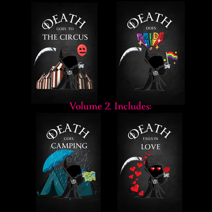 Four illustrated book-cover style designs arranged in a 2x2 grid on a black background, with pink text reading 'Volume 2. Includes:' between them.