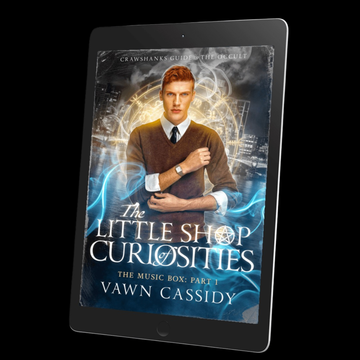 A tablet device displaying the cover art for 'The Little Shop Curiosities: The Music Box: Part 1' by Vawn Cassidy, shown against a solid black background.