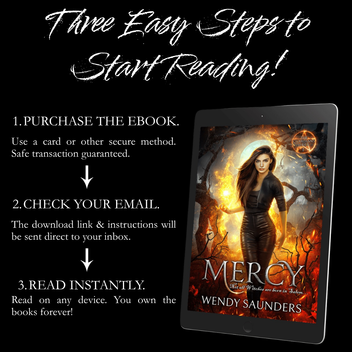 Promotional graphic for an eBook with the headline 'Three Easy Steps to Start Reading!' on a black background. On the left is white text outlining three steps: purchase the eBook, check email for the download link, and read instantly.