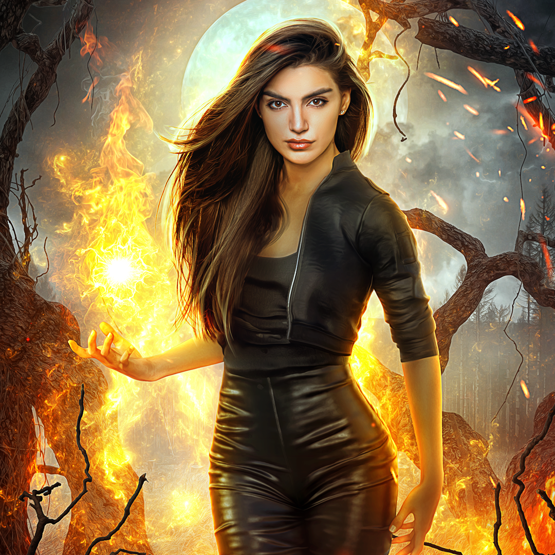 A woman with long dark hair stands in a fiery outdoor scene wearing a black zip-front jacket and matching black pants. Flames, glowing embers, and a large pale moon are visible in the background.
