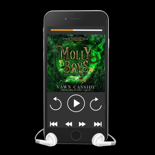 A smartphone centered on a black background with white wired earbuds resting in front. The phone screen displays the audiobook or album art for Molly Boys by Vawn Cassidy, with green illustrated cover art and playback controls visible.