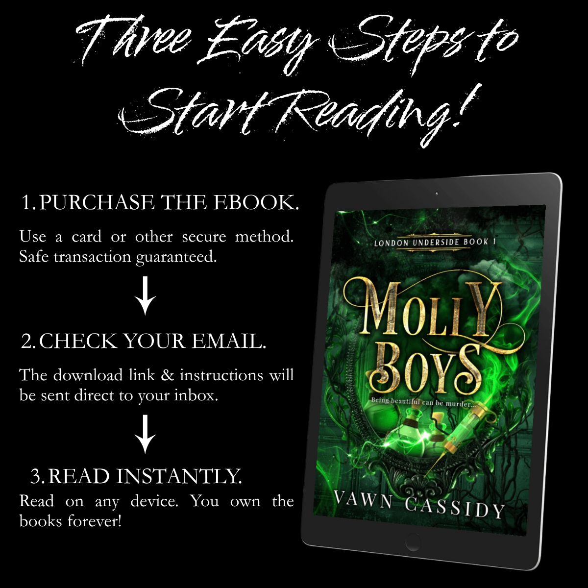 Promotional graphic for an eBook titled "Molly Boys" by Vawn Cassidy, showing a tablet on a black background with text explaining how to start reading: purchase the eBook, check email for the download link, and read instantly.