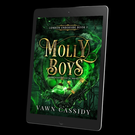 A tablet device displaying the book cover for 'Molly Boys' by Vawn Cassidy, set against a solid black background.