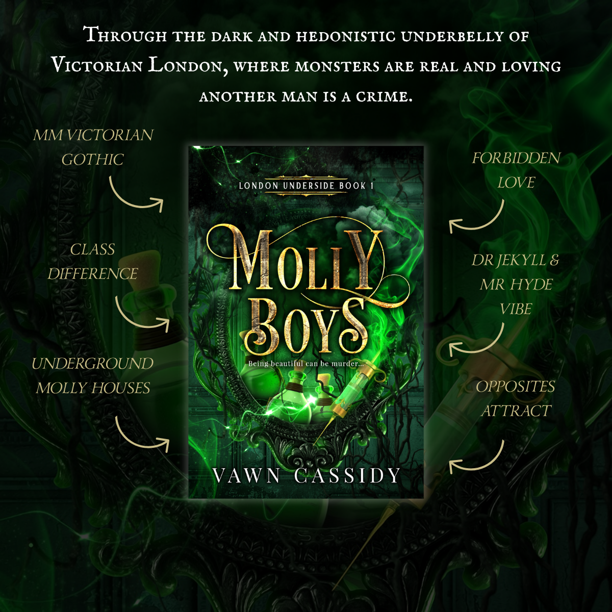 Book cover for 'Molly Boys' by Vawn Cassidy, centered on a dark gothic-themed graphic background with green smoke and decorative text callouts around it.