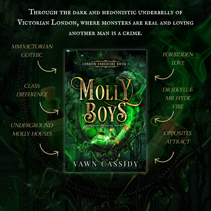 Book cover for 'Molly Boys' by Vawn Cassidy, centered on a dark gothic-themed graphic background with green smoke and decorative text callouts around it.