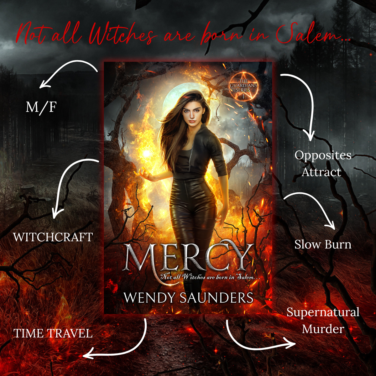 Book cover for 'MERCY' by Wendy Saunders, featuring a fiery fantasy illustration of a woman surrounded by flames and dark trees, with white text and surrounding promotional callouts on a dark background.
