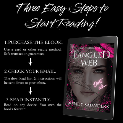 Promotional graphic for 'Tangled Web' by Wendy Saunders, showing an eBook on a tablet with text on how to start reading.