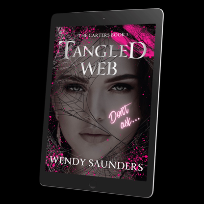 Ebook cover of 'Tangled Web' by Wendy Saunders on a tablet screen with a black background.