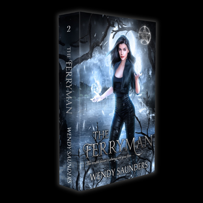 Book cover for 'The Ferryman' by Wendy Saunders, showing a dark fantasy illustration of a woman in black standing in a misty forest with glowing blue light, on a black background.