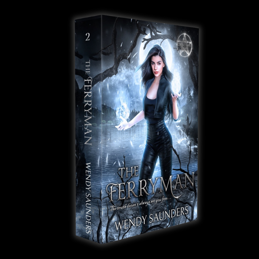 Book cover for 'The Ferryman' by Wendy Saunders, showing a dark fantasy illustration of a woman in black standing in a misty forest with glowing blue light, on a black background.