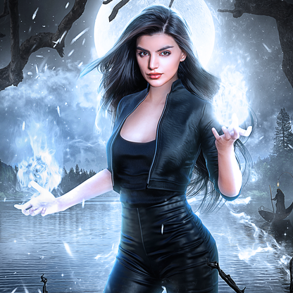 A woman with long dark hair stands in a snowy forest by a lake, wearing a black cropped zip-front jacket and black fitted pants, with glowing blue magical effects around her hands.
