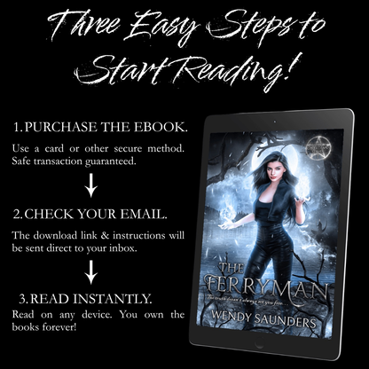 Promotional graphic for an ebook purchase with the headline 'Three Easy Steps to Start Reading!' on a black background. On the left is white text outlining three steps: purchase the ebook, check email for the download link, and read instantly.