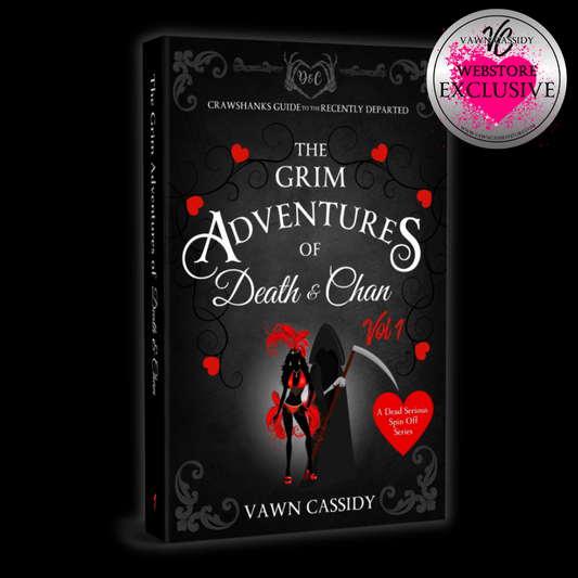 Book cover for 'The Grim Adventures of Death & Chan Vol.1' by Vawn Cassidy, shown as a 3D book mockup on a black background with a 'Webstore Exclusive' badge in the top right.
