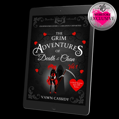 A tablet device displaying the book cover for "The Grim Adventures of Death & Chan, Vol. 1" by Vawn Cassidy, shown on a black background with a round badge reading "Vawn Cassidy Webstore Exclusive.