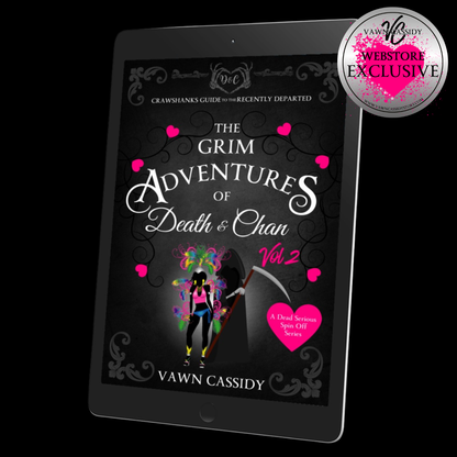A tablet displaying the book cover of 'The Grim Adventures of Death & Chan Vol. 2' by Vawn Cassidy, shown on a black background with a 'Webstore Exclusive' badge in the top right corner.