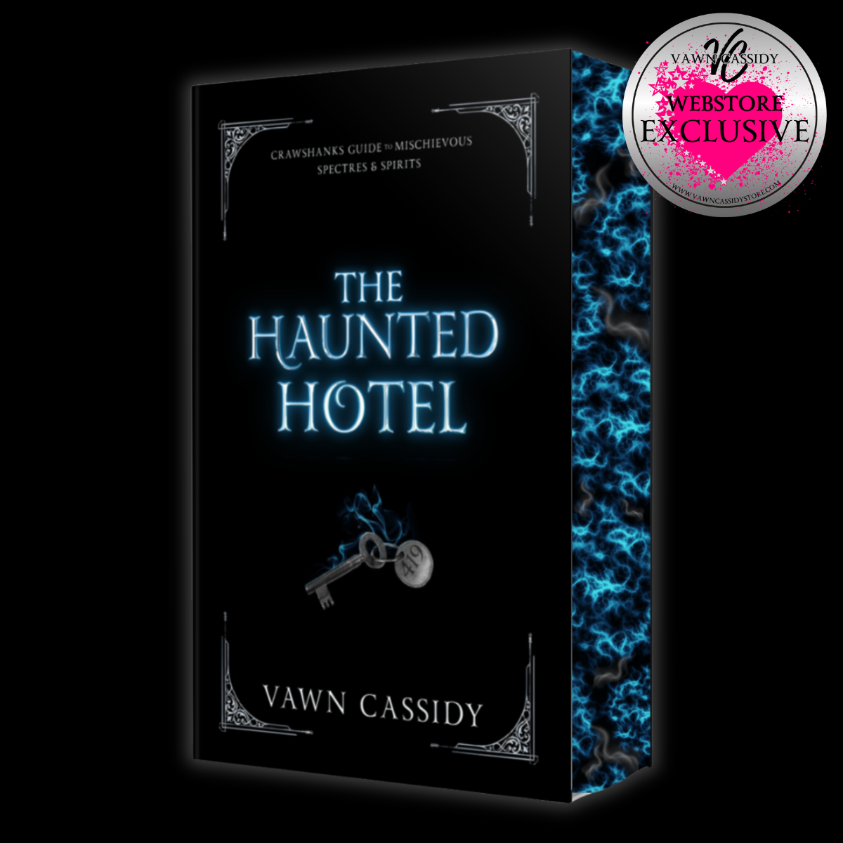 Book cover for 'The Haunted Hotel' by Vawn Cassidy, shown as a 3D box mockup on a black background with a circular 'Webstore Exclusive' badge in the top right.