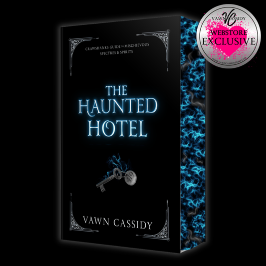 Book cover for 'The Haunted Hotel' by Vawn Cassidy, shown as a 3D box mockup on a black background with a circular 'Webstore Exclusive' badge in the top right.