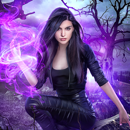 A woman with long dark hair crouches in a mystical purple forest, wearing a black zip-front jacket and black pants, with glowing purple energy swirling around her hand.
