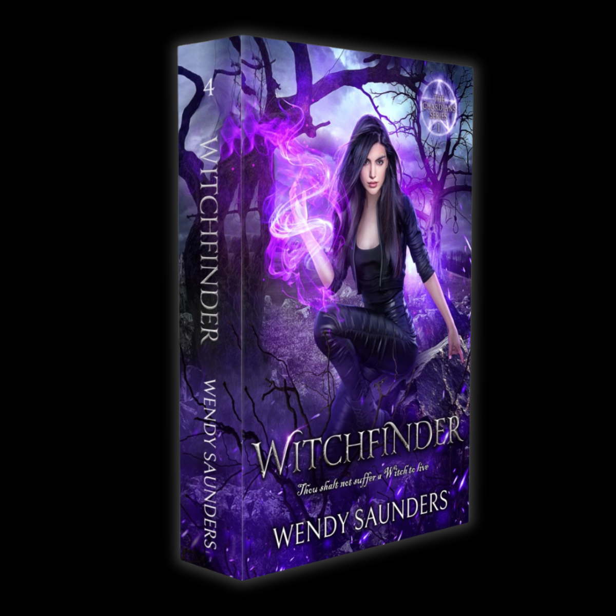 A 3D book cover mockup for the fantasy novel 'Witchfinder' by Wendy Saunders, featuring a dark, mystical scene with a woman in black clothing surrounded by glowing purple magic and bare trees, set against a solid black background.