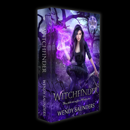 A 3D book cover mockup for the fantasy novel 'Witchfinder' by Wendy Saunders, featuring a dark, mystical scene with a woman in black clothing surrounded by glowing purple magic and bare trees, set against a solid black background.