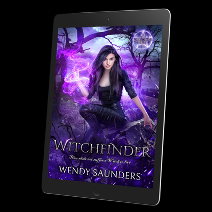 A tablet device displaying a fantasy book cover titled "Witchfinder" by Wendy Saunders, with a purple and black illustrated scene of a woman in a forest and glowing magical effects.